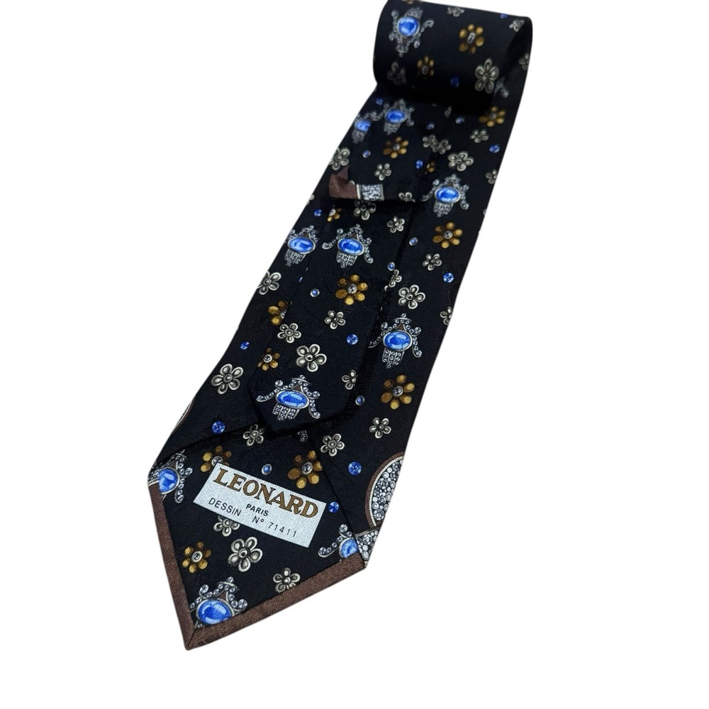 Leonard Paris Men's Tie Floral Jewel Ornaments Black 3.75" (W) x 59.25" (L) euc‎